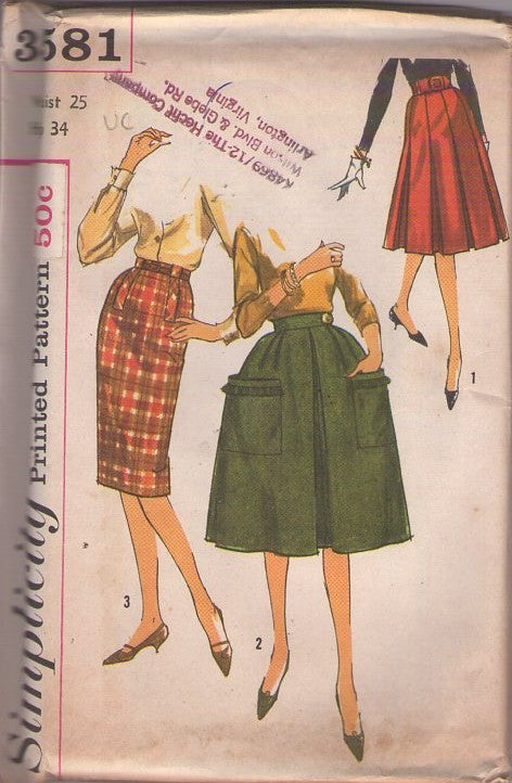 Simplicity 3581 Vintage 60's Sewing Pattern Rockabilly Sheath Wiggle or Pressed Box Pleats or Full Inverted Pleat Bell Shaped Skirt Set Waist 25 Size S