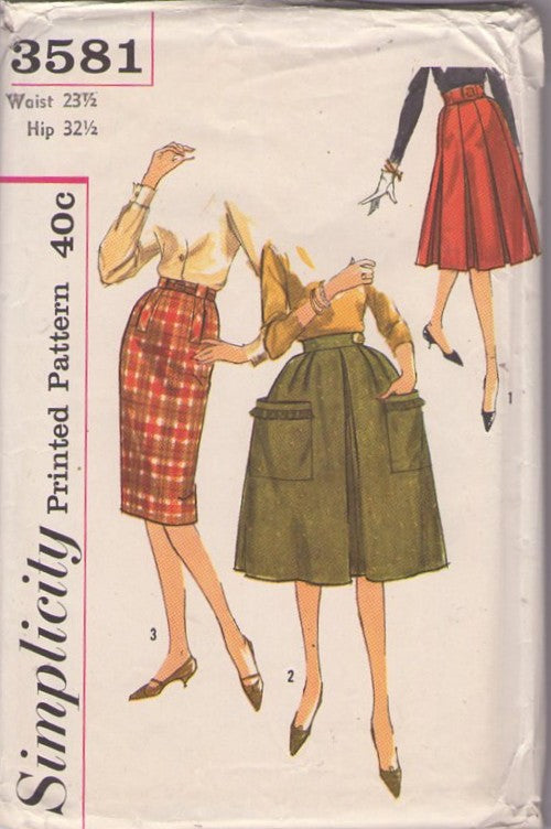 Simplicity 3581 Vintage 60's Sewing Pattern Rockabilly Skirts, Sheath Wiggle or Pressed Box Pleats or Full Inverted Pleat Bell Shaped Skirt Set Waist 23.5 Size XS