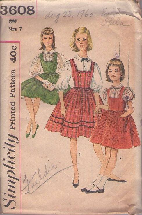 Simplicity 3608 Vintage 60's Sewing Pattern Girls' Blouse, Jumper, Deep Square Neck Dress, Puff Sleeved Top, Lace Trim Size 7