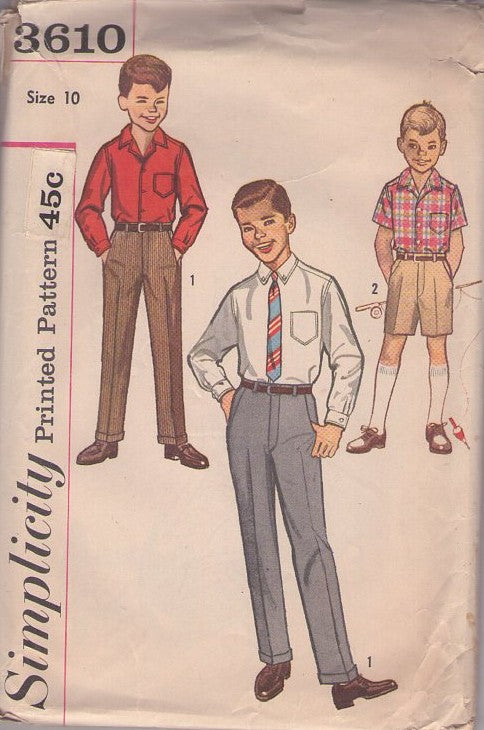Simplicity 3610 Vintage 60's Sewing Pattern Boys' Separates, Trousers, Tailored School Pants, Shorts, Dress or Casual Shirt Size 10