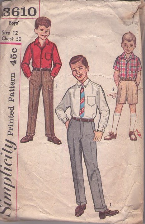 Simplicity 3610 Vintage 60's Sewing Pattern Boys' Separates, Trousers, Tailored School Pants, Shorts, Dress or Casual Shirt Size 12