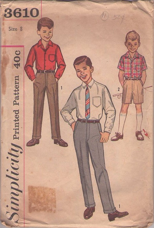 Simplicity 3610 Vintage 60's Sewing Pattern Boys' Separates, Trousers, Tailored School Pants, Shorts, Dress or Casual Shirt Size 8