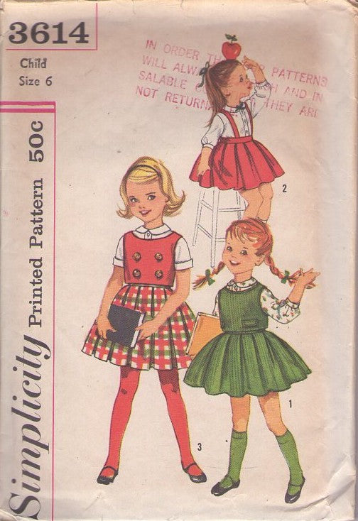 Simplicity 3614 Vintage 60's Sewing Pattern Girls' Separates, School Days, Mix & Match, Peter Pan Collar Blouse, Pleated or Suspender Skirt & Weskit Vest Size 6