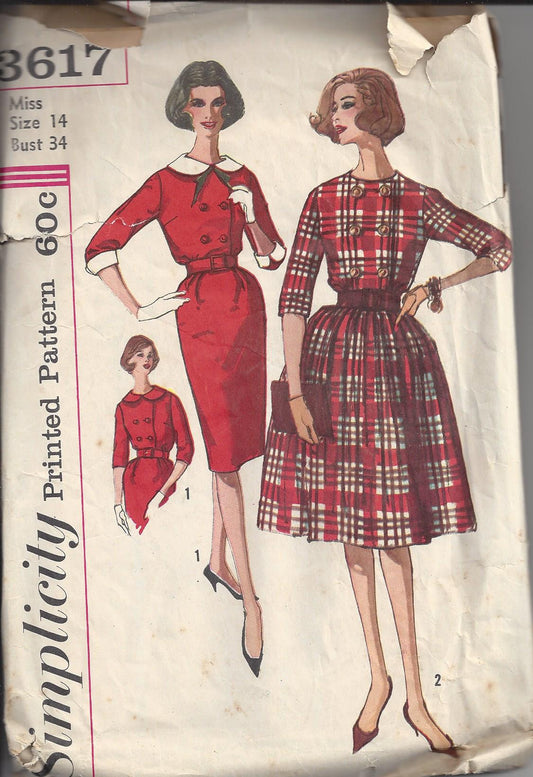 Simplicity 3617 Vintage 60's Sewing Pattern Dress Set, Mad Men Secretary Double Breasted Modest Sheath or Full Skirt Day Dress, Bloused Bodice Size 14
