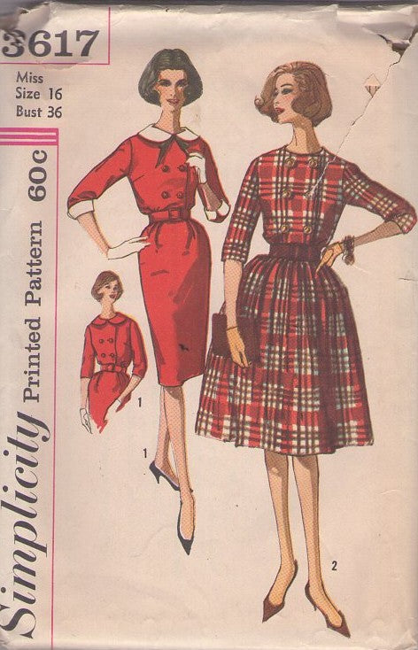 Simplicity 3617 Vintage 60's Sewing Pattern Dress Set, Mad Men Secretary Double Breasted Modest Sheath or Full Skirt Day Dress, Bloused Bodice Size 16