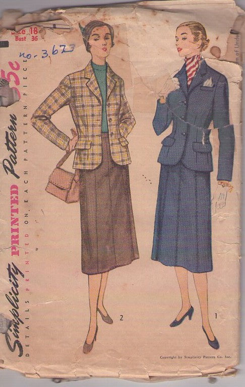 Simplicity 3623 Vintage 50's Sewing Pattern Walking Suit, Blazer Jacket Top, Gored A-Line Skirt Size 18
