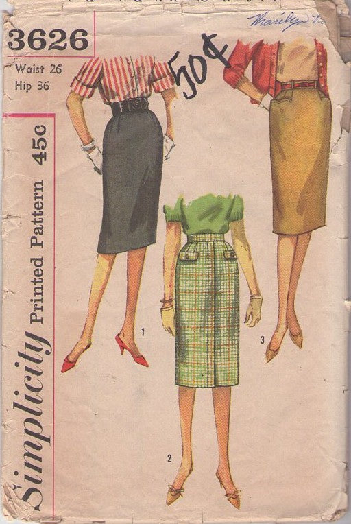 Simplicity 3626 Vintage 60's Sewing Pattern Secretary Skirt Sets, Easy to Sew,  Mad Men Skirt Set, 3 Styles Waist 26 Size S