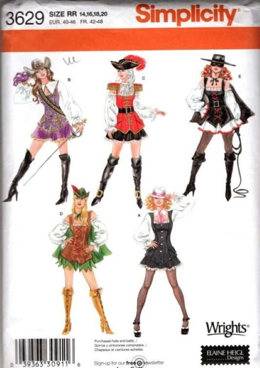 Simplicity 3629 Retro 2007 Sewing Pattern Halloween Costume Mini Dress, Sexy Pirate, Captain, Zorro Wench, Robin Hood Maid Marian, 20s Gangster Moll Size 14-20