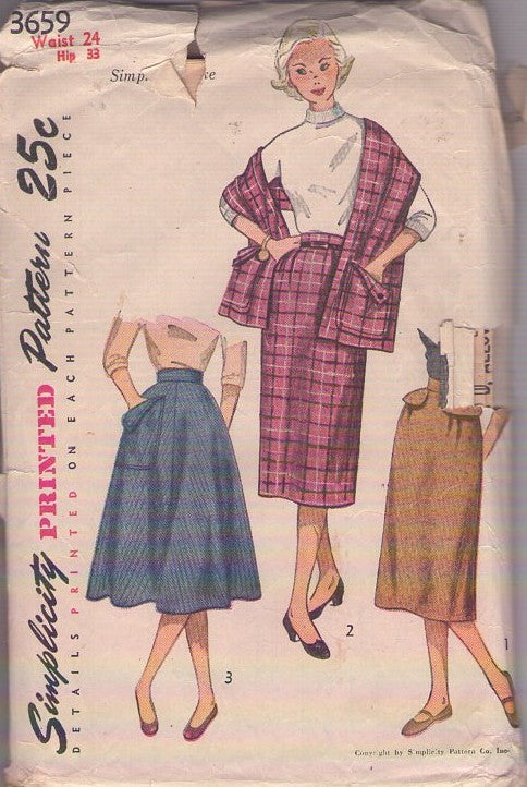 Simplicity 3659 Vintage 50's Sewing Pattern Secretary Skirts, Flap Details, Stole or Shawl with Built in Pockets Size 24 Size XS