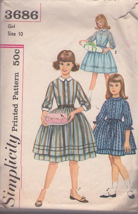 Simplicity 3686 Vintage 60's Sewing Pattern Teen Girls' Dress Set, Modest Rockabilly Hairspray Full Double Band Skirt Shirtwaist Styles Size 10