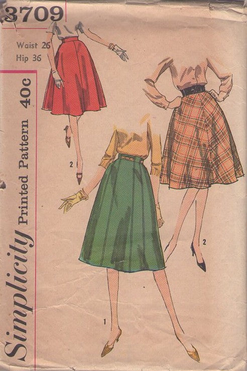 Simplicity 3709 Vintage 60's Sewing Pattern Secretary Skirts, Flared, Knee Length Skirt in 2 Styles Waist 26 Size S