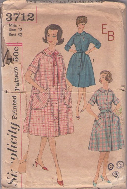 Simplicity 3712 Vintage 60's Sewing Pattern House Coat Set, Modest Robes, Lucy Loungewear, Front Buttoned Raglan Sleeve Robe, Duster, Day Dress, HUGE Pockets Size 12