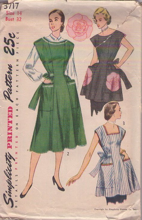 Simplicity 3717 Vintage 50's Sewing Pattern Aprons Set, Full Coverage, Large Pockets, Short or Knee Length, Rose Applique 3 Styles Size 14