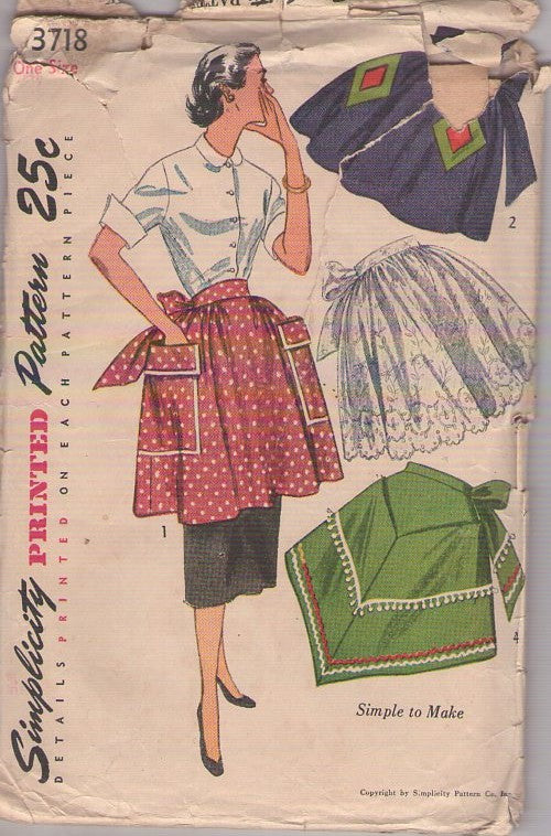 Simplicity 3718 Vintage 50's Sewing Pattern Housewife Apron Set, Decorative, Simple to Make Tie Back, Half Aprons, LARGE Pockets One Size