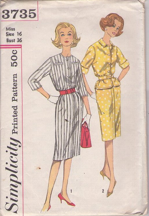 Simplicity 3735 Vintage 60's Sewing Pattern Mad Men Separates, Blouse Top, Overblouse, Slim Skirt, 2 Piece Dress Size 16