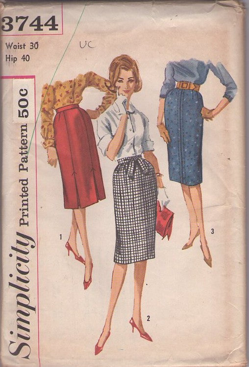 Simplicity 3744 Vintage 60's Sewing Pattern Skirt Set, Secretary Sheath Skirt Set, Pleats, Stitching Detail Waist 30 Size XL