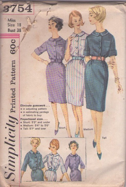 Simplicity 3754 Vintage 60's Sewing Pattern Day Dress, Mad Men, Rockabilly Secretary Short Medium or Tall Figures Shirtwaist Collared Sheath Dress Size 18