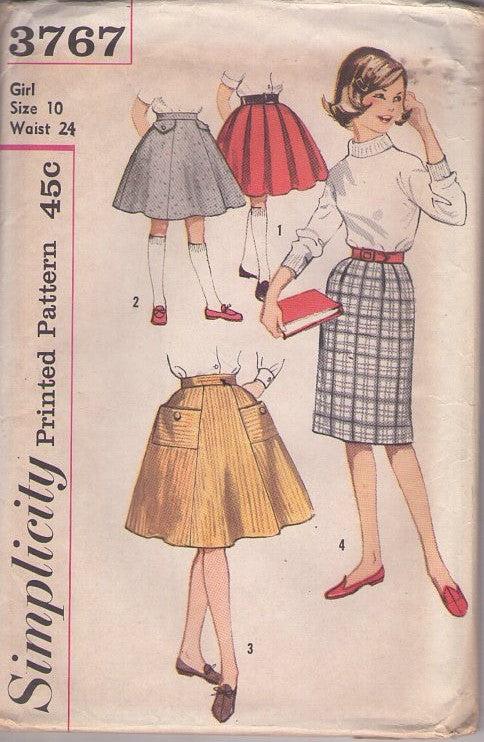 Simplicity 3767 Vintage 60's Sewing Pattern Girls' Skirts, Flared Circular or Sheath, 4 School Styles Size 10