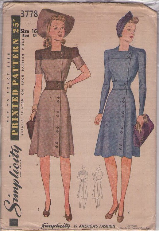Simplicity 3778 Vintage 40's Sewing Pattern Day Dress, Wrap and Button, 2 Tone Colorblock, 2 Styles Size 16