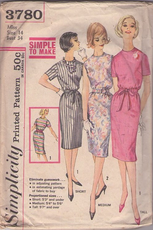 Simplicity 3780 Vintage 60's Sewing Pattern Day Dress Set, Simple to Make Mad Men Office Secretary Blouson Bodice Cinched Waist Dress Set Size 14