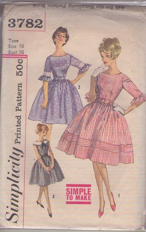 Simplicity 3782 Vintage 60's Sewing Pattern Rockabilly Dresses, Petticoat Junction Full Bell Shaped Skirt Party Dress, Ruffle Sleeve, Flat Collar Size 16