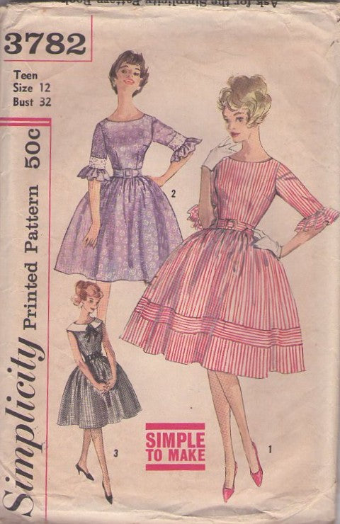 Simplicity 3782 Vintage 60's Sewing Pattern Rockabilly Dresses, Petticoat Junction Full Bell Shaped Skirt Party Dress, Ruffle Sleeve, Flat Collar Size 12