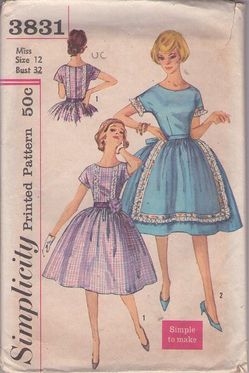 Simplicity 3831 Vintage 60's Sewing Pattern Rockabilly Dress, Cap Sleeve Lace & Ribbon Trim, Simulated Faux Apron Front Cocktail Party Dress Size 12 UNCUT