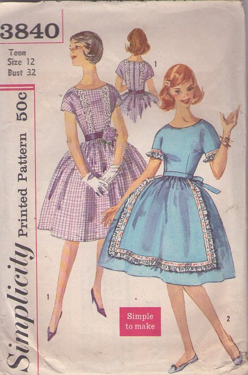 Simplicity 3840 Vintage 60's Sewing Pattern Rockabilly Dress, Hairspray Simple to Make Party Dress, Prom Gown Lace Trim, Faux Apron Front Size 12 CUT