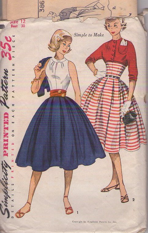 Simplicity 3863 Vintage 50's Sewing Pattern Summer 2 Piece Dress, Slit Neck Blouse, Mini Cropped Bolero Jacket, Button Up Topper, Easy, Box Pleats Skirt Size 12