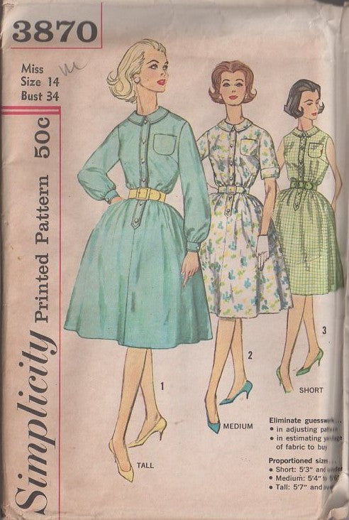 Simplicity 3870 Vintage 60's Sewing Pattern Proportioned Dress Set, Rockabilly Housewife Step In Shirtwaist Day Dress, Collar, Breast Pocket, Full Bell Shaped Skirt Size 14