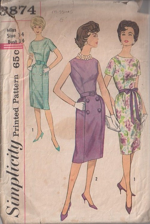 Simplicity 3874 Vintage 60's Sewing Pattern Day Dress, Mad Men, Princess Seams, Fitted Sheath Skirt Day Dress, Party Dress, Hidden Front Pockets Size 14