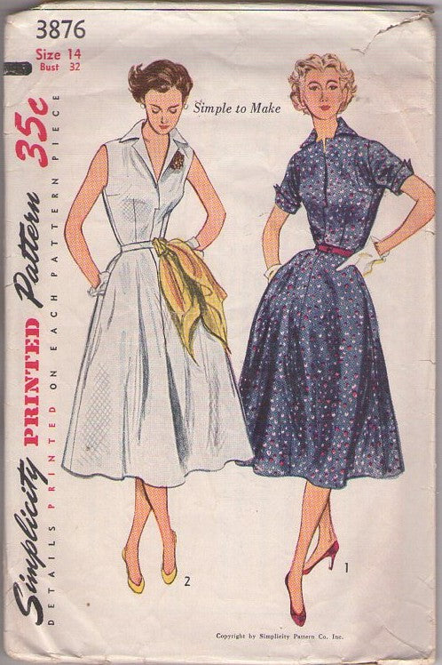 Simplicity 3876 Vintage 50's Sewing Pattern Day Dress Set, Simple to Make, Rockabilly Lucy New Look, 2 Summer Styles Size 14