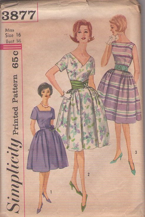 Simplicity 3877 Vintage 60's Sewing Pattern Rockabilly Dress, V, Square or Bateau Neckline, Cluster Pleats Skirt 3 Styles Size 16