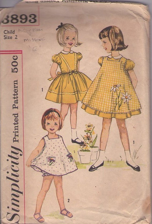 Simplicity 3893 Vintage 60's Sewing Pattern Girls' Dress, Apron, Puff Sleeve School Dress, Pinafore Apron Top & Bloomer Panties Size 5