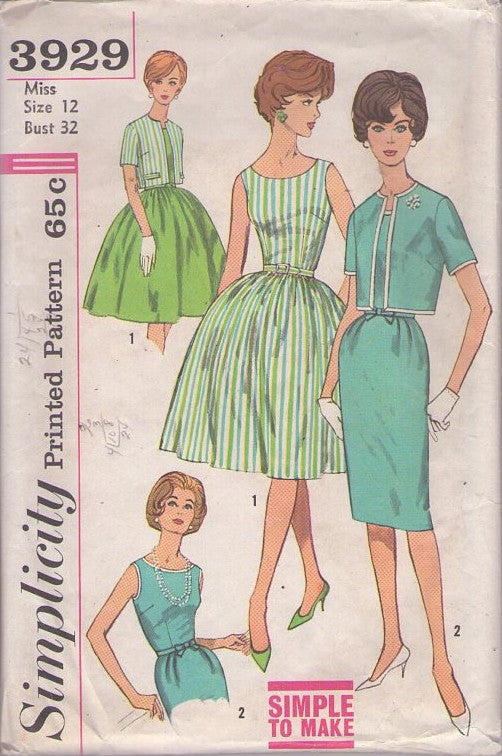 Simplicity 3929 Vintage 60's Sewing Pattern Slim Dress, Jacket Set, Mad Men Hostess Simple to Make Scoop Neck Summer Sheath or Full Skirt Party Dress Set, Band Trim Jacket Size 12