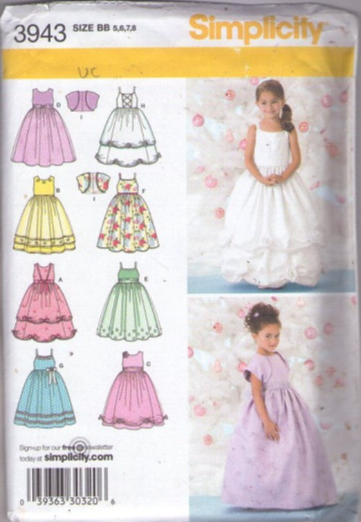 Simplicity 3943 Retro 2006 Sewing Pattern Girls' Dress Set, Special Occasion, Floor Length Party Gown, Summer Dress Set & Bolero Jacket Size 5-8