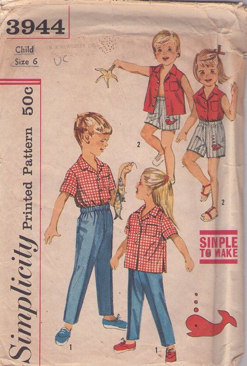 Simplicity 3944 Vintage 60's Sewing Pattern Child's Separates, Button Up Shirt, Elastic Boxer Shorts, Pants, Whale Fish Applique EASY Size 6