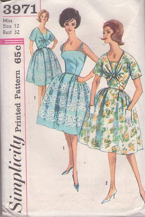 Simplicity 3971 Vintage 60's Sewing Pattern Rockabilly Sun Dress, Jacket, VLV Pinup Girl, Cross Straps, Party Sun Dress, Front Midriff Tied Jacket Size 12