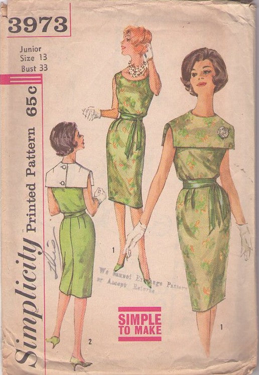 Simplicity 3973 Vintage 60's Sewing Pattern Rockabilly Day Dress, Simple to Make, Mad Men Cocktail Party Dress, Scoop Neckline, Detachable Bib Pilgrim Collar Size 13