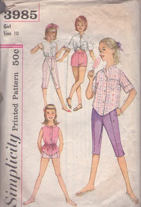 Simplicity 3985 Vintage 60's Sewing Pattern Girl's Separates, Tied, Tuck or Pointed Hem Button up Shirt, Blouse, Shorts, Capri Pants Size 10