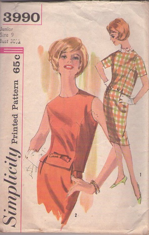 Simplicity 3990 Vintage 60's Sewing Pattern Juniors 2 Piece Dress, Jackie O Look, Notched Blouse, Slim Hidden Pockets Skirt Size 9