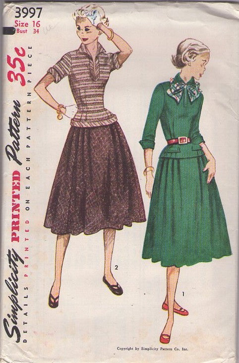 Simplicity 3997 Vintage 50's Sewing Pattern New Look Separates, 2 Piece Secretary Day Dress, Crumb Catcher Cuff Shirt, Wing Collar Top, Blouse & Pleated Flared Modest Length Skirt Size 16