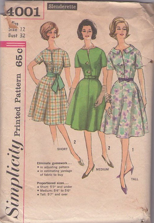 Simplicity 4001 Vintage 60's Sewing Pattern Day Dress Set, Slenderette, Short Medium or Tall Proportioned, Askew Shirtwaist Dress, Flared Skirt, Flat Collar Size 12