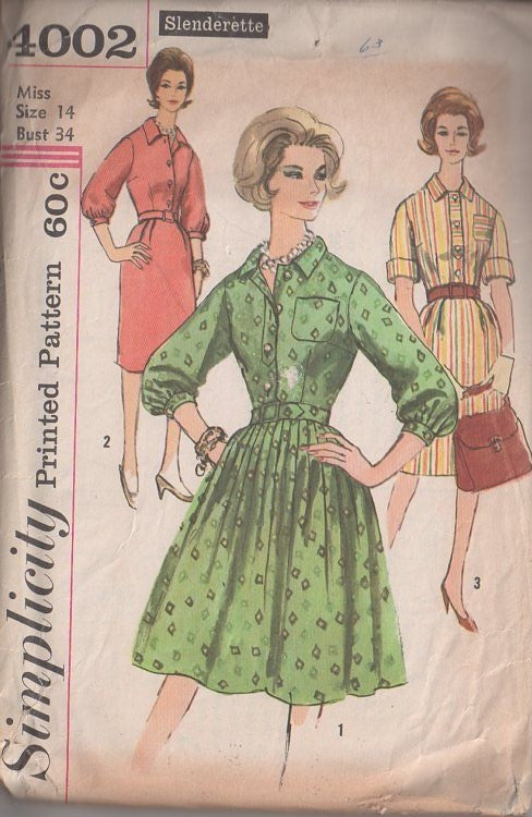 Simplicity 4002 Vintage 60's Sewing Pattern Dress Set, Mad Men Rockabilly Shirtwaist Day Dress, Button Band, Collar, Cuffs, Dart Fitted Slim or Full Pleated Skirt Size 14