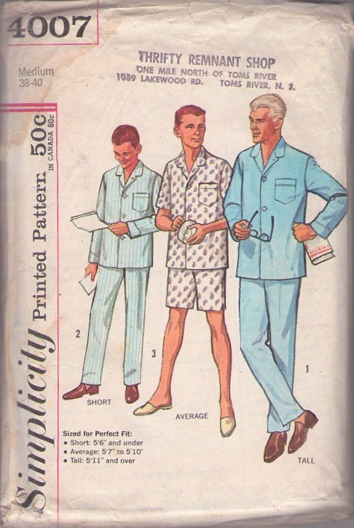 Simplicity 4007 Vintage 60's Sewing Pattern Men's Pajamas, Mad Men Hefner Sleepwear, Summer & Winter, Shirt, Boxers & Pants, Proportioned Size M