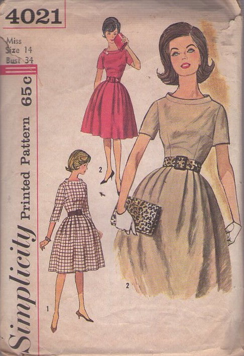 Simplicity 4021 Vintage 60's Sewing Pattern Rockabilly Dress, Mad Men Stand  Up Away From Neck Collar Gathered Bell Shaped Pleated Skirt Day Dress, 2 Styles Size 14