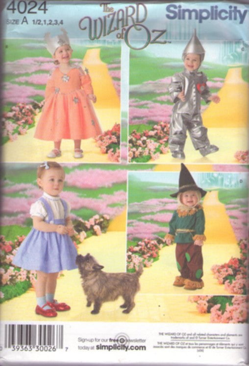 Simplicity 4024 Retro 2006 Sewing Pattern Character Costumes, Official Wizard of Oz Movie Character Glinda, Tin Man, Scarecrow, Dorothy Dress, Shirts, Pants, Hats Size 1/2-4