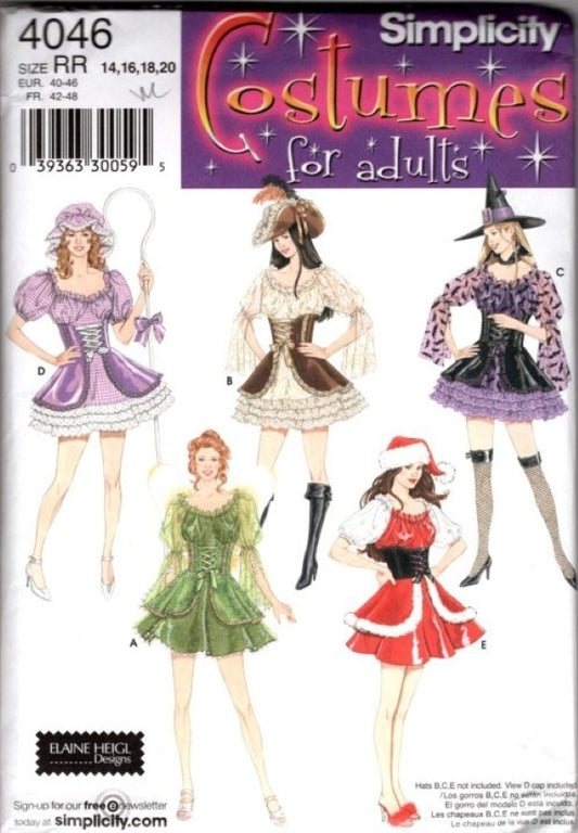 Simplicity 4046 Retro 2006 Sewing Pattern Halloween Costume Mini Dress, Sexy Bo Peep, Pirate, Witch, Fairy, Santa Clause Size 14-20