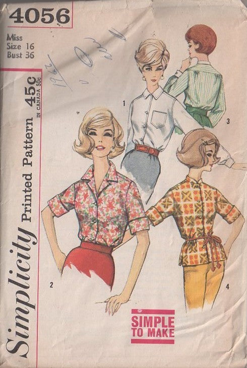 Simplicity 4056 Vintage 60's Sewing Pattern Mod Blouses, Simple to Make Retro Housewife Collared & Cuffed Blouse Set, Back Pleated Yoke Size 16 CUT