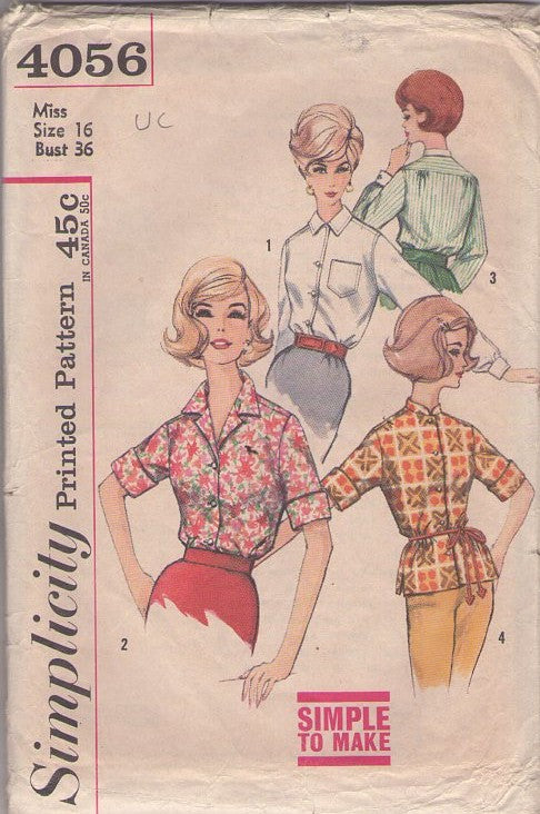 Simplicity 4056 Vintage 60's Sewing Pattern Mod Blouses, Simple to Make Retro Housewife Collared & Cuffed Blouse Set, Back Pleated Yoke Size 16 UNCUT
